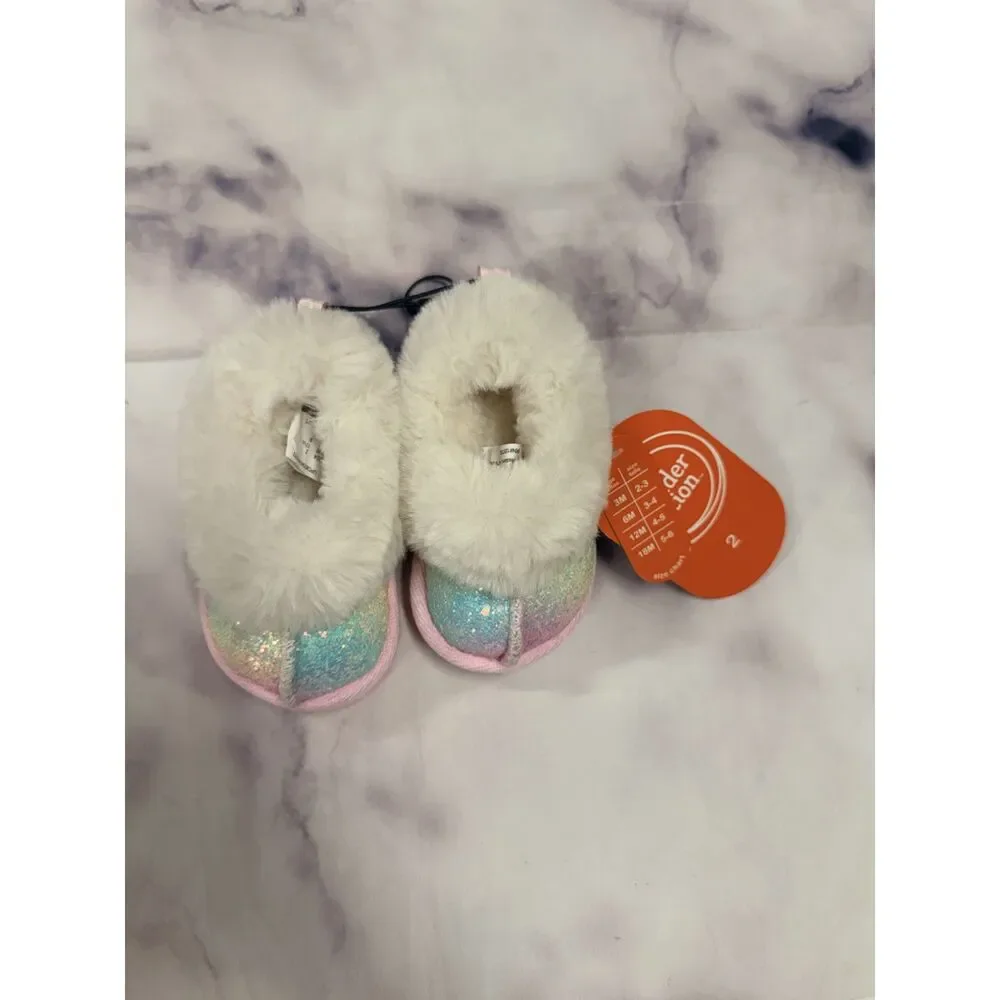 Wonder Nation Baby Girls Faux Fur Trim Multi Glitter Slippers